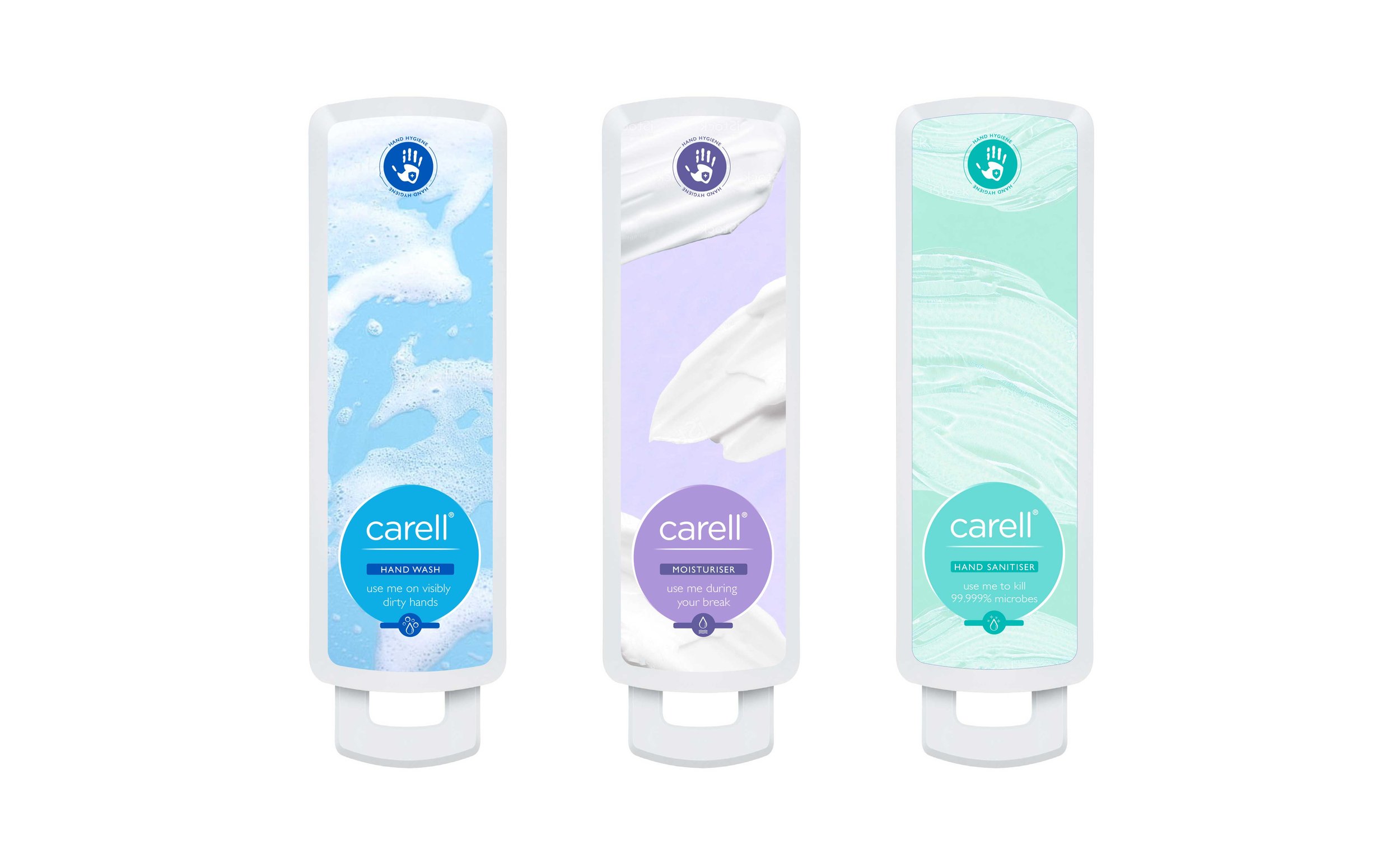 A mock-up of concept packaging by Gem Creative for GAMA Healthcare – Three vertical bottles of Carell hand hygiene products: hand wash, moisturizer, and hand sanitizer.