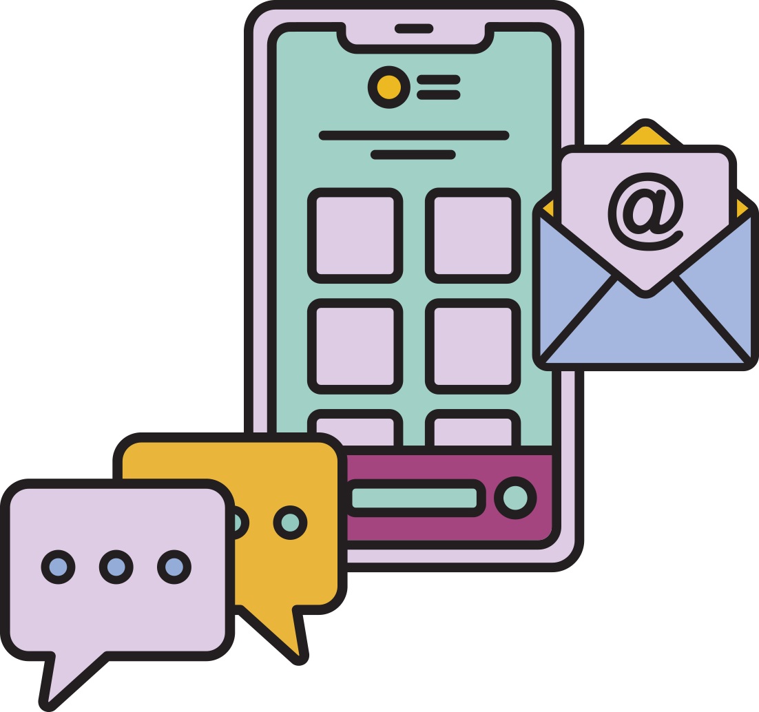 Illustration of a smartphone with app icons, an envelope with an '@' symbol suggesting email, and speech bubbles indicating messaging or chat.