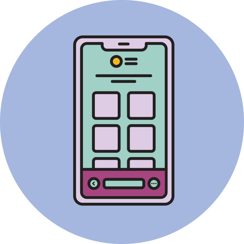 Illustration of a smartphone with a grid of app icons and navigation buttons on a blue circular background.