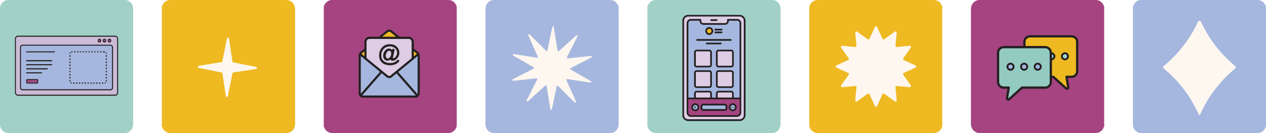 Set of illustrated icons representing creative tools, including a web page, gem shine sparkles, an email envelope, a mobile phone with app icons and speech bubbles.
