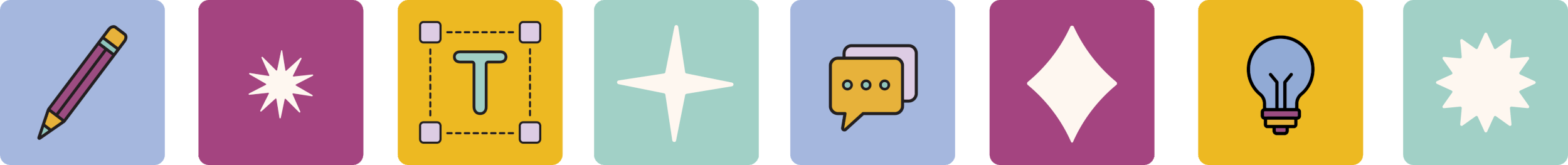 Set of illustrated icons representing creative tools, including gem shine sparkles, text tool, speech bubbles and a lightbulb.