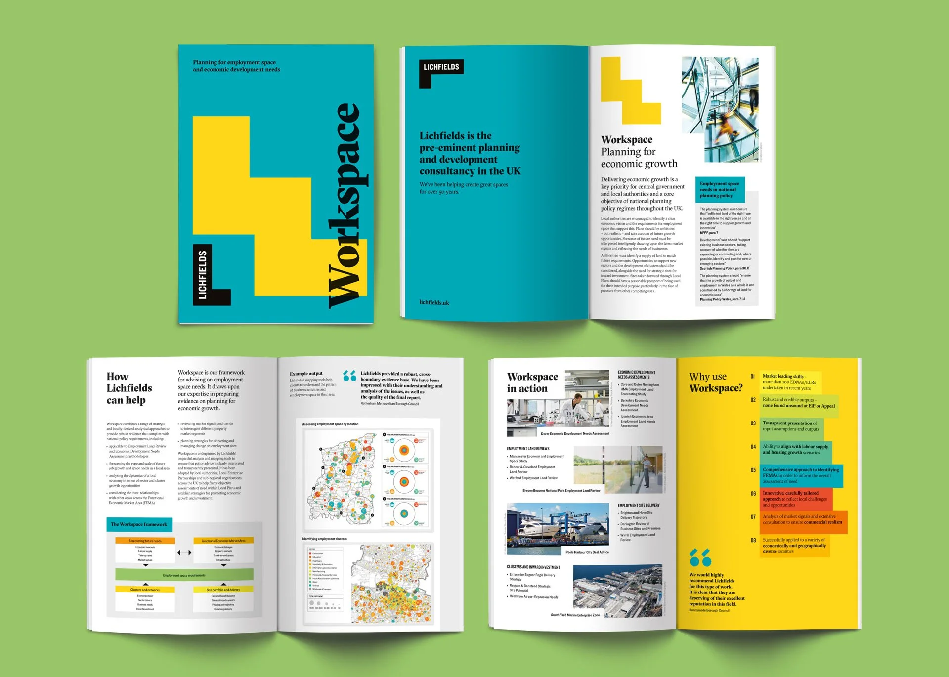 A mock-up of a product brochure and spreads designed by Gem Creative for Lichfields discussing economic growth, employment, and development strategies, set on a green background.