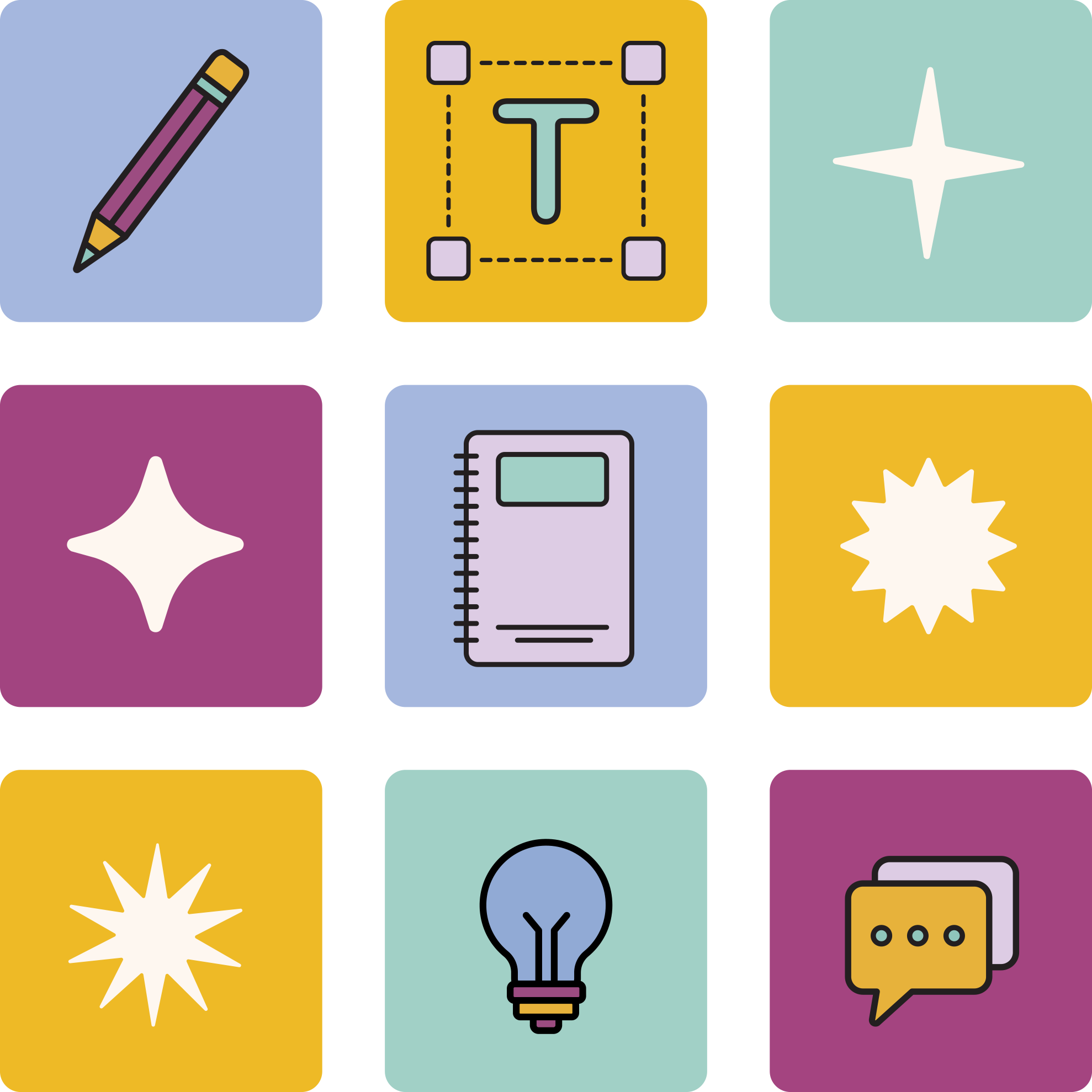 A digital illustration featuring nine colorful icons related to creativity and communication, including a pencil, design tools, gem shine sparkles, a notebook, a lightbulb, and a speech bubble.
