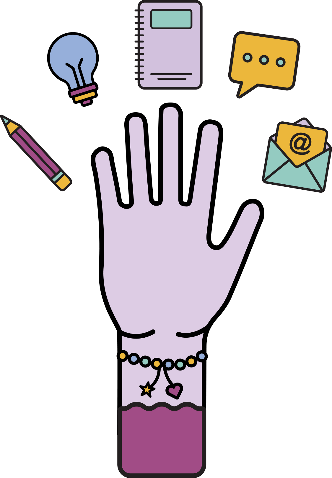 Illustration of a purple hand wearing jewelry, with icons around it representing ideas, notes, communication, email, and writing.