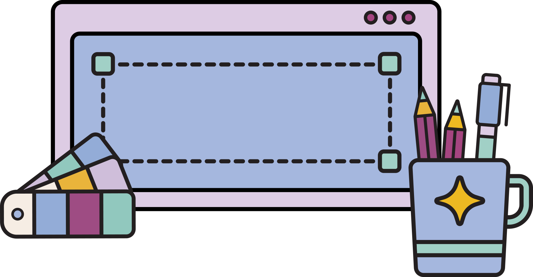 Illustration of a computer monitor with a dotted rectangular shape on the screen, colored in pastel purple and blue, surrounded by art supplies including a pantone swatch palette, a mug with pencils, pens, and markers, all in soft pastel colors.