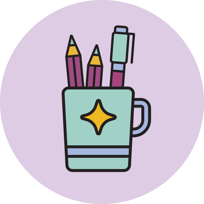 Illustration of a teal mug with a yellow gem shine sparkle on it, holding two purple pencils, a purple marker, and two more pencils, set against a light purple circular background.