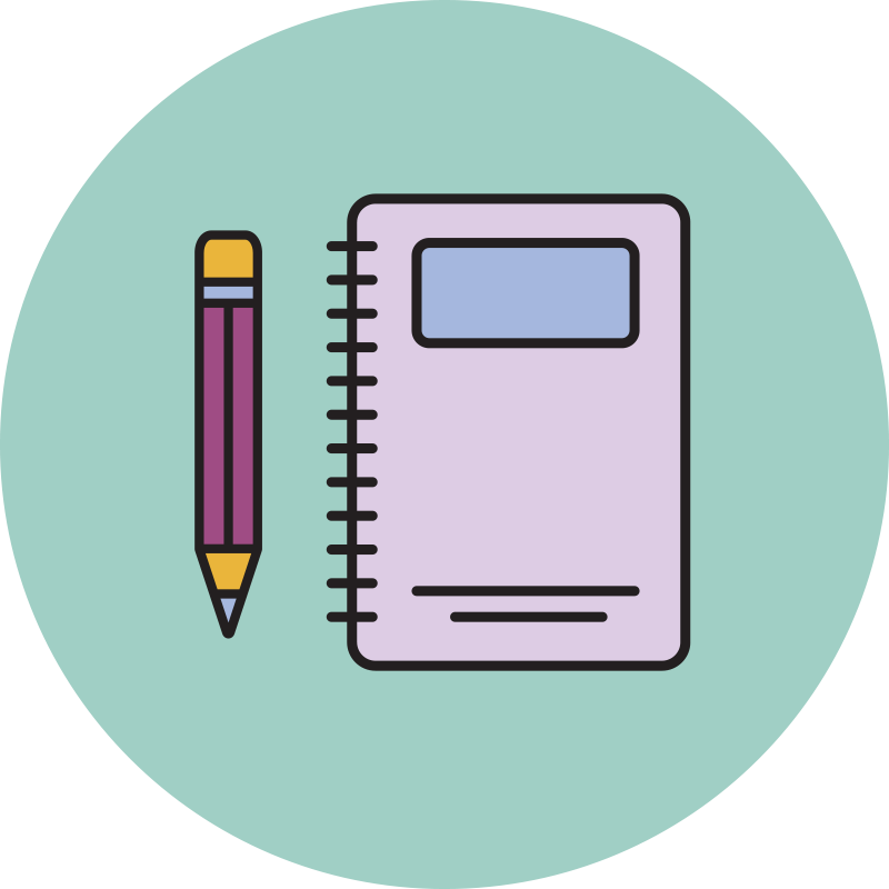 Illustration of a purple pen, a spiral notebook with a rectangular label, and a few lines of text on the cover, all on a light teal circular background.