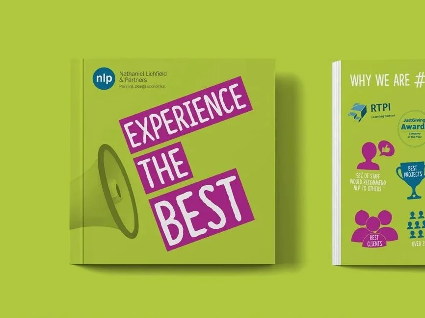 A mock -up of a brochure designed by Gem Creative for NLP – 'Experience the best' - features a logo for Nathaniel Lichfield & Partners. Part of another visible booklet behind it mentions why they are the number one in their field.