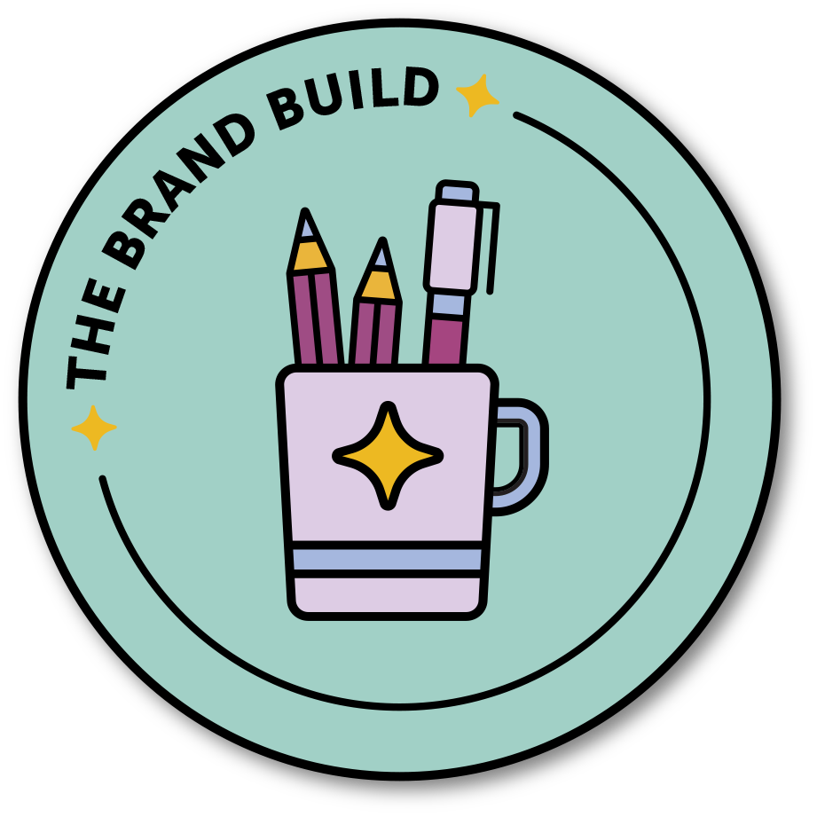 Illustrated stamp with a mug filled with three coloured pencils and a pen, with the text 'THE BAND BUILD' in a circular green background.