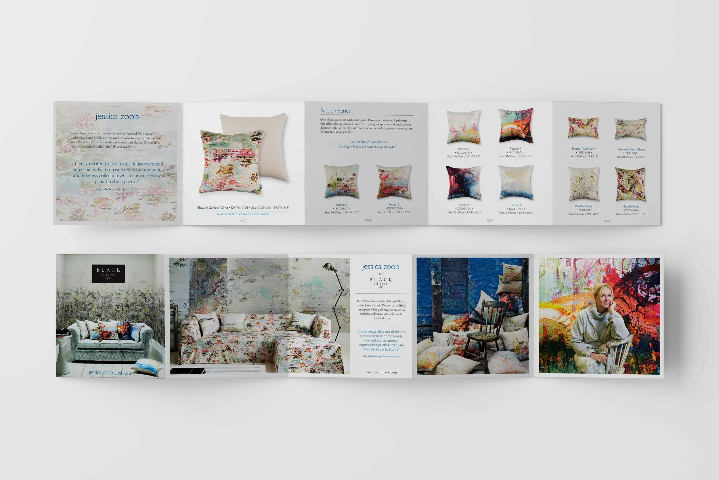 Brochure showcasing Jessica Zoob's artwork and home decor products, including cushions, pillows, and room decor with abstract and floral patterns, and an image of the artist sitting in front of a colorful painting.