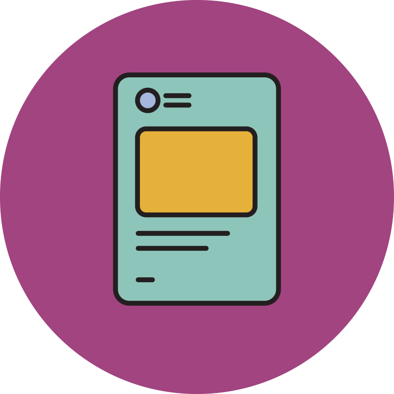 Illustration of a brochure with text, and a large yellow square on a purple circular background.