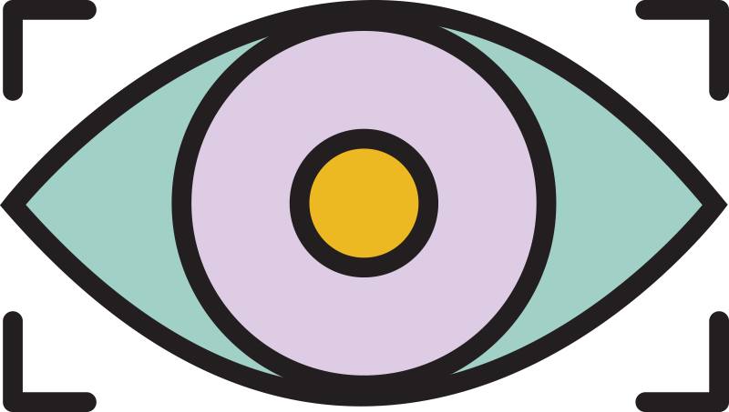 Illustration of an eye in a black frame to represent 'builds brand recognition'.