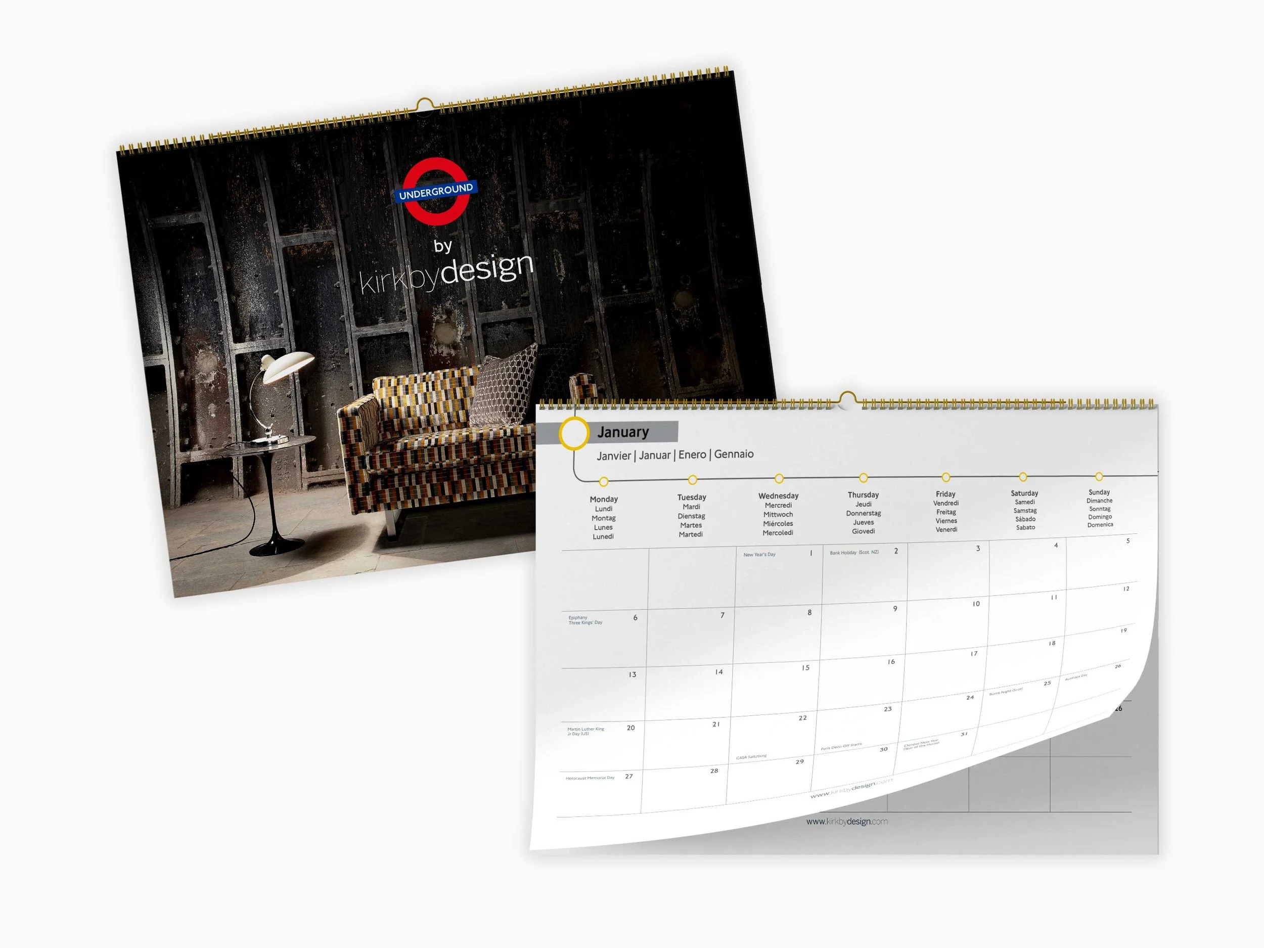 A mock-up of a wall calendar by Gem Creative for Kirkby Design that showcases their collab with London Underground that features a modern sofa and cube stalls in London Underground designed fabric.