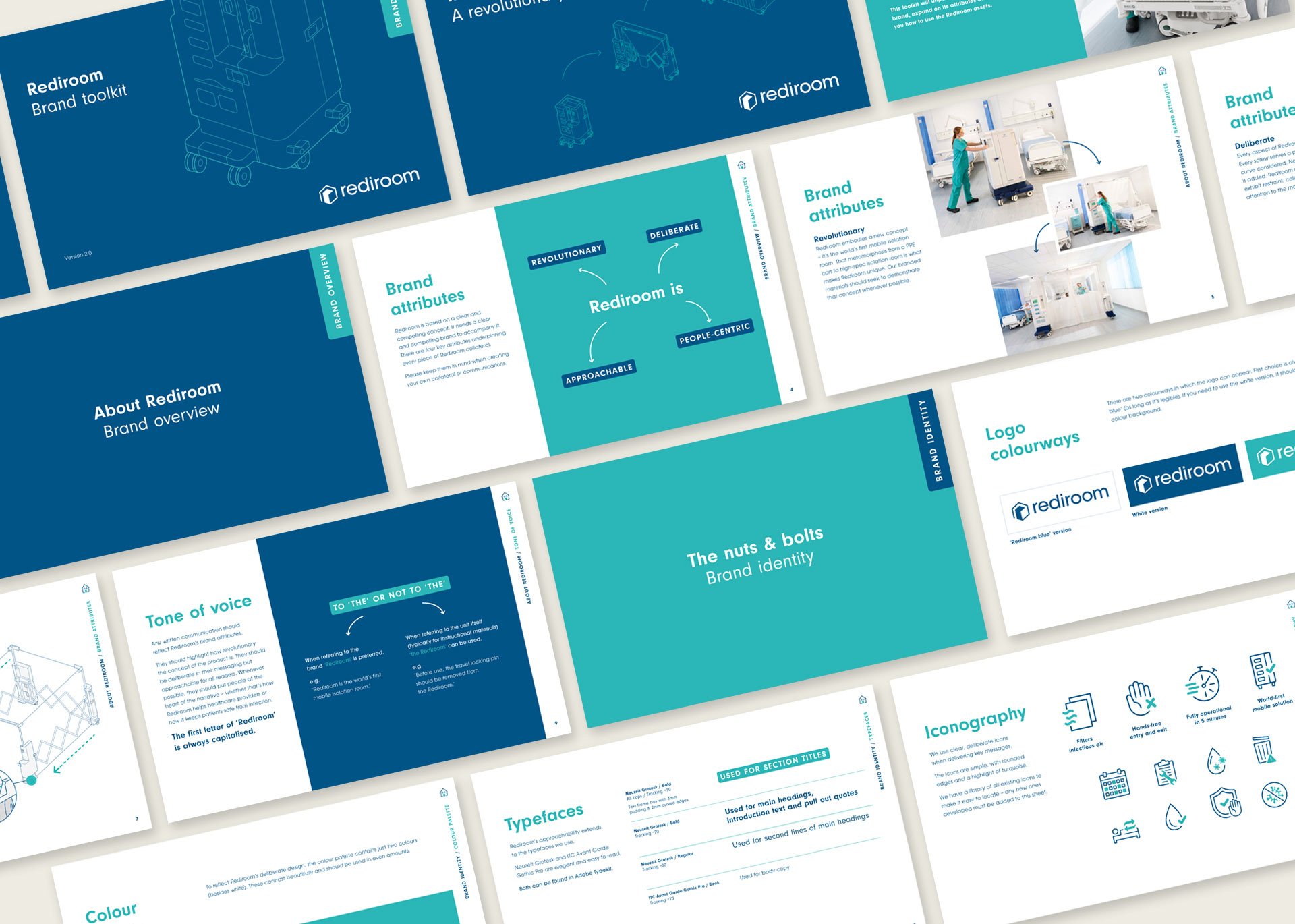 A series of presentation slides about the Rediroom brand and toolkit, including information on brand overview, attributes, identity, logo, colorways, tone of voice, iconography, and usage.