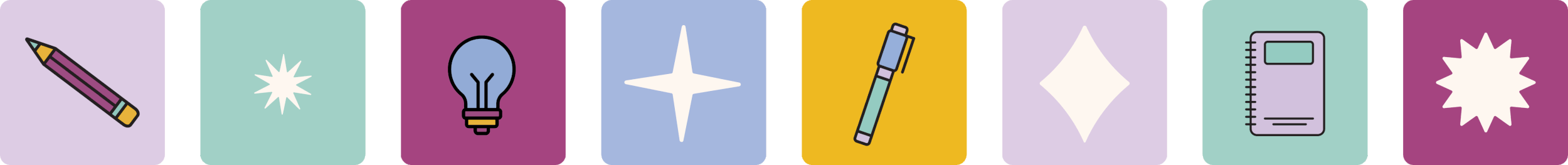 Set of illustrated icons representing creative tools, including a pencil, gem shine sparkles, light bulb, star, pen, diamond and notebook.