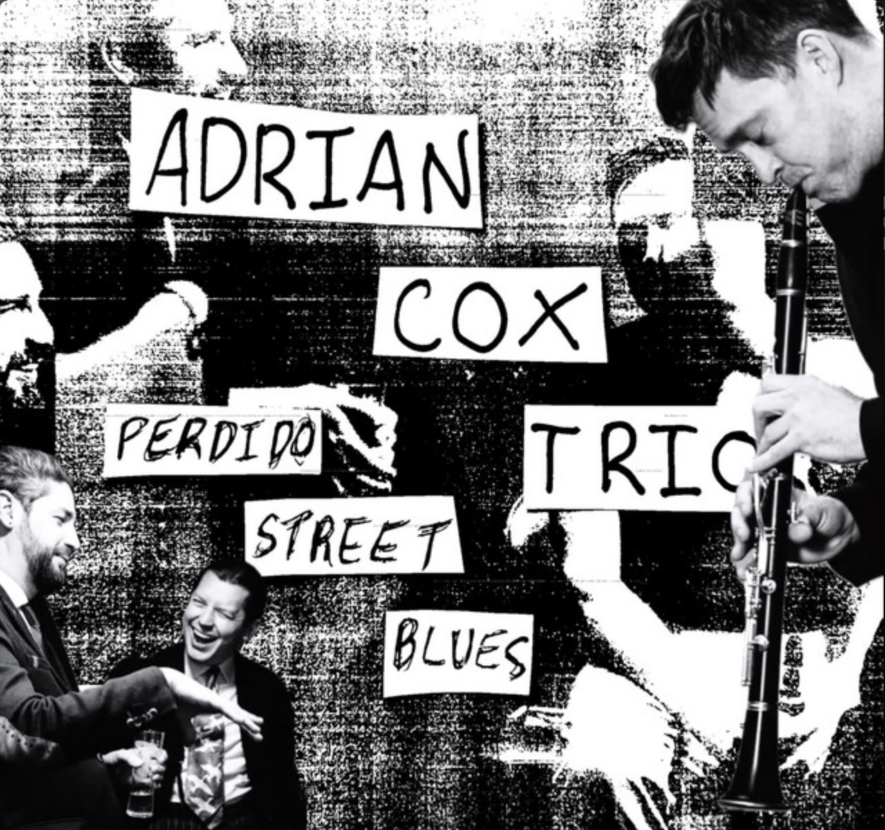 Black and white collage of people, with one person playing the flute and others laughing and talking, against a background with cut-out words including "Adrian Cox," "Perdita Street," and "Blues."