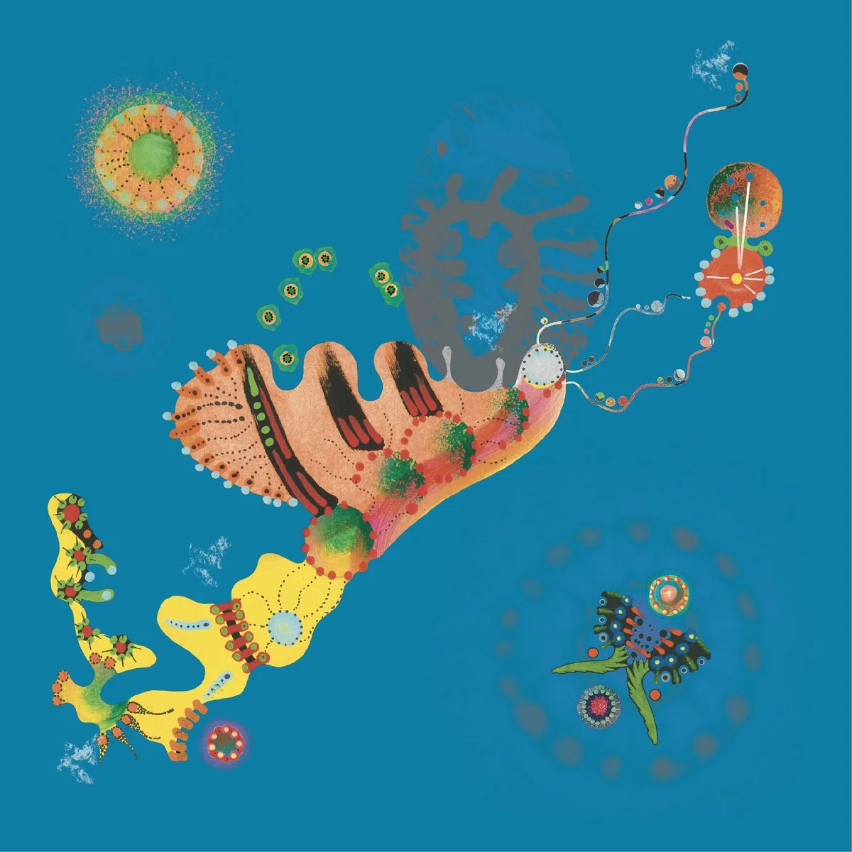 An abstract, colorful illustration of various microscopic biological structures and microorganisms against a blue background.