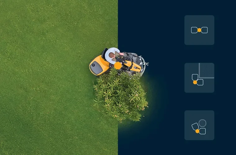 En person som använder en Stiga Park som är placerad runt en buske på en grön gräsmatta. Det finns tre ikoner till höger, som visar olika klippningsmönster.