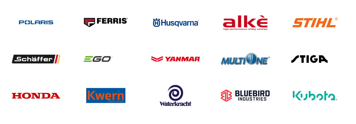 Logotyper för olika företag, inklusive Polaris, Ferris, Husqvarna, Alke, Stihl, Schäffer, EGO, Yanmar, MultiOne, Stiga, Honda, Kwerna, Waterkrach, Bluebird Industries och Kubota.
