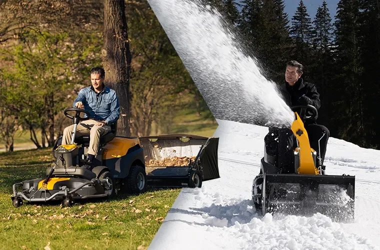 En person som kör en Stiga Park på gräset och en annan person som använder en snöslunga i snö.