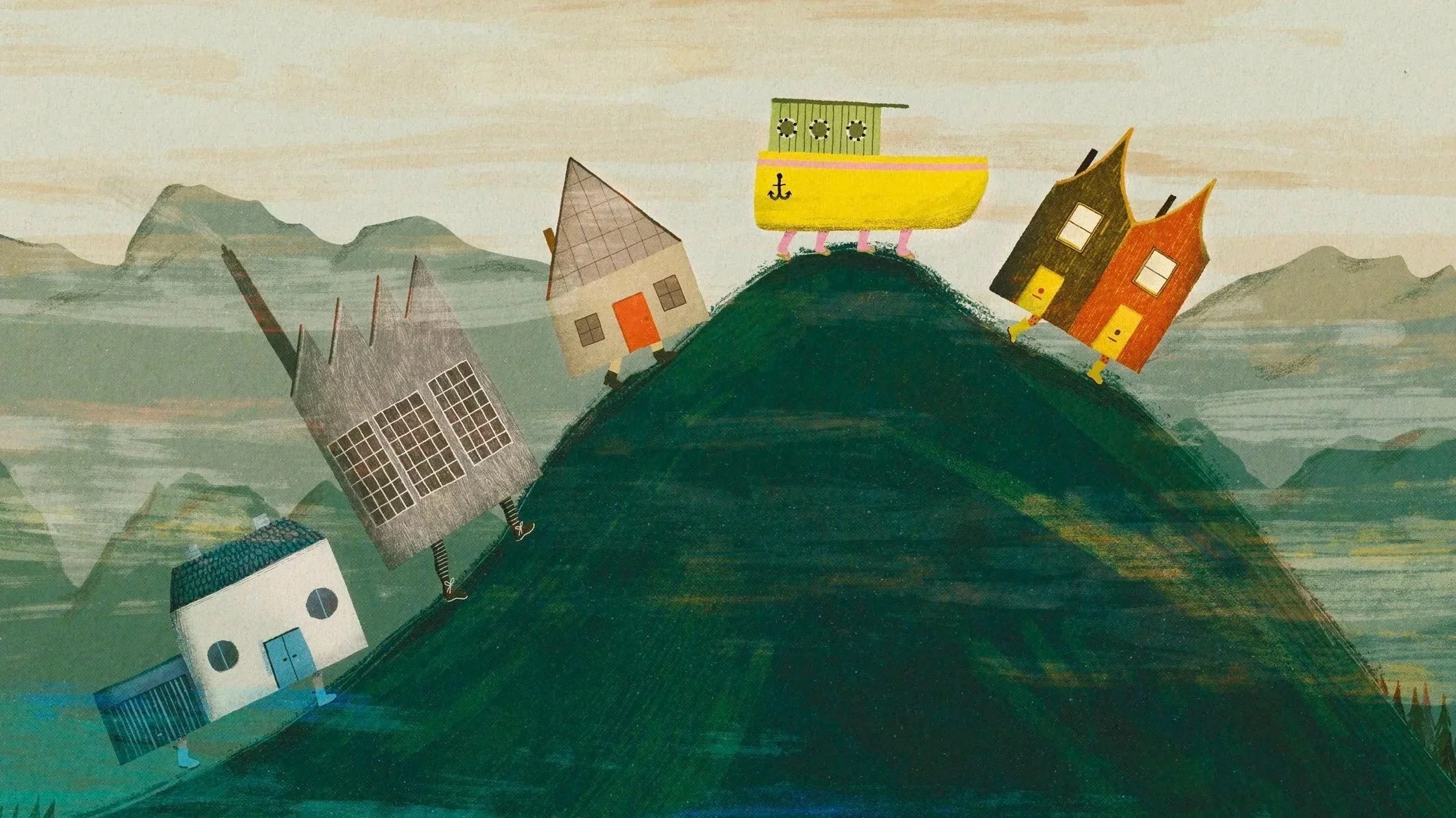 Illustration von Häusern mit menschenähnlichen Gesichtern auf einer grünen Hügelkuppe, mit einer gelben Schiffskonstruktion auf der Spitze, father in kindlicher Zeichnungsstil.