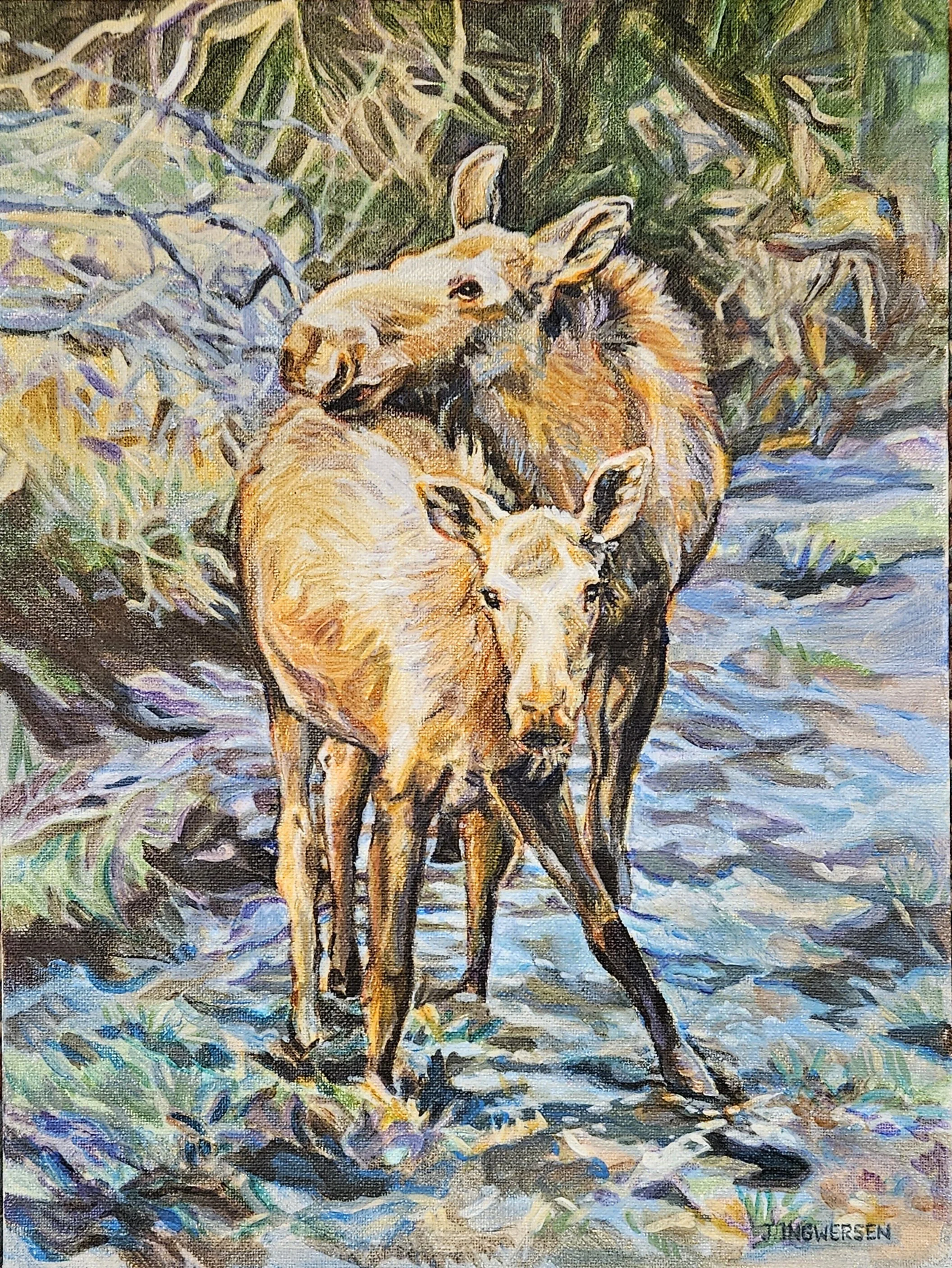 Painted scene of a moose family walking through a forested area with greenery and water, showing a large adult moose and two smaller moose calves.