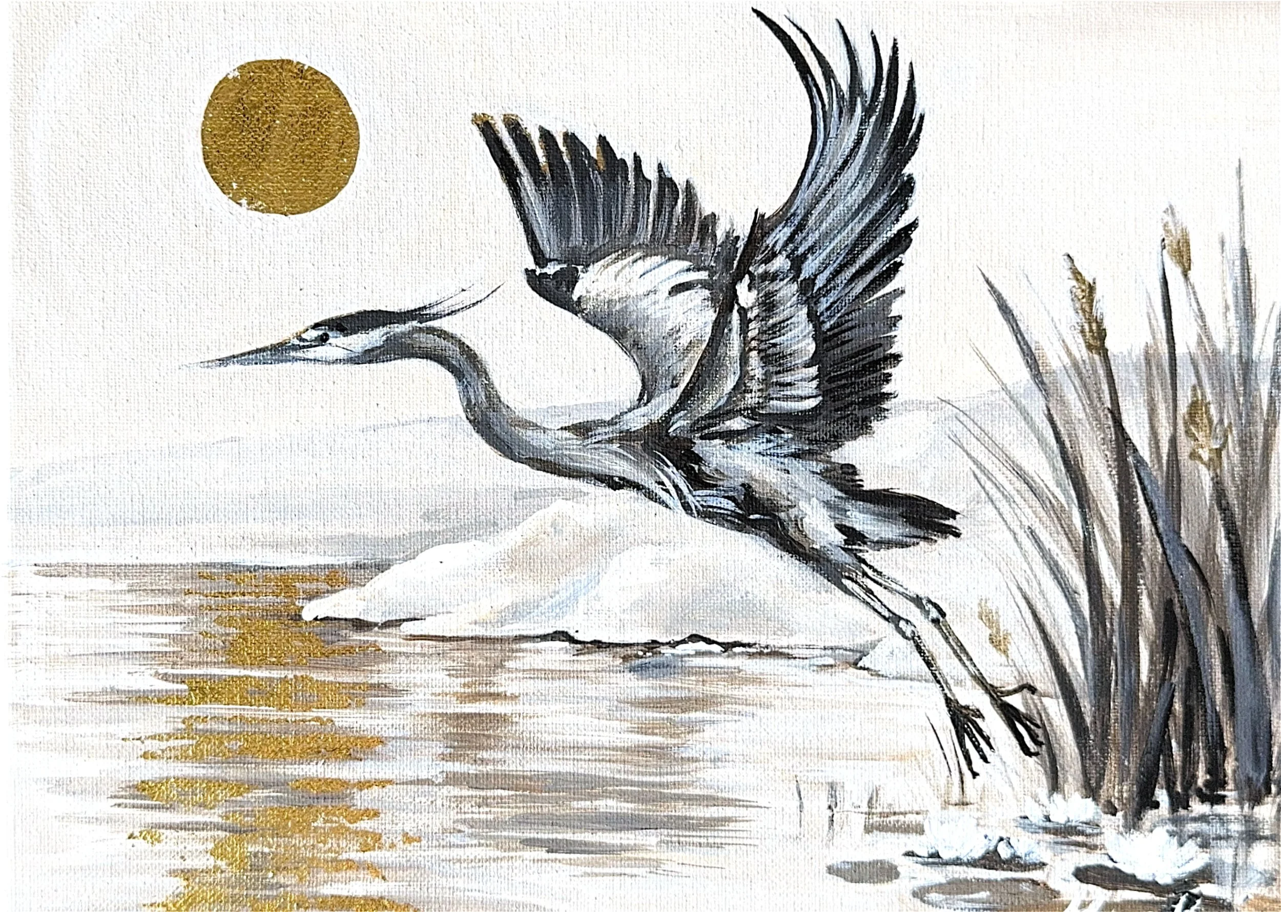 A painting of a heron flying over water with reeds and a golden sun in the background.