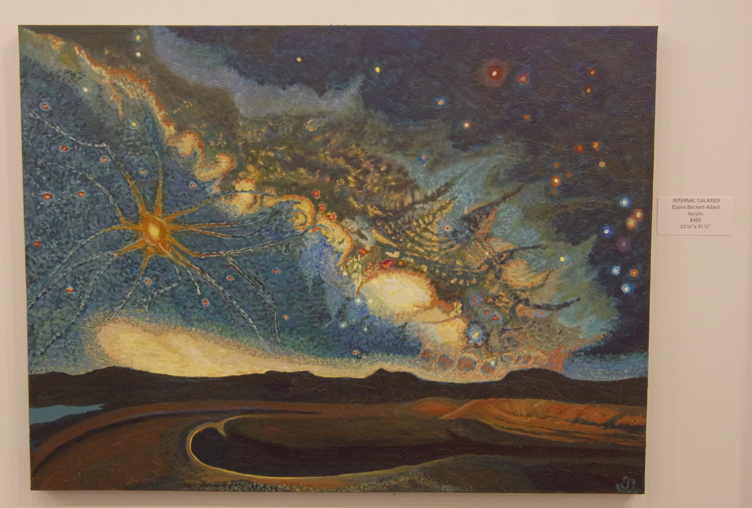 Colorful painting of a galaxy with stars, nebulae, and cosmic formations over a landscape with hills and a winding path.