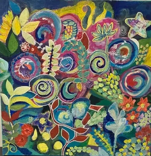 Rhapsody by Christine Breitherick, a colourful depiction of leaves and flowers.