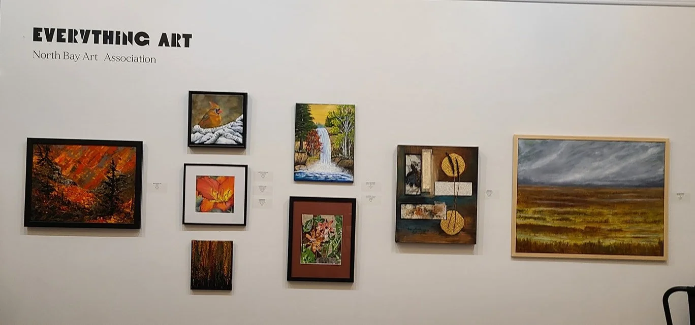 Gallery wall displaying various paintings and art pieces in an art exhibit titled 'EVERYTHING ART' by North Bay Art Association.