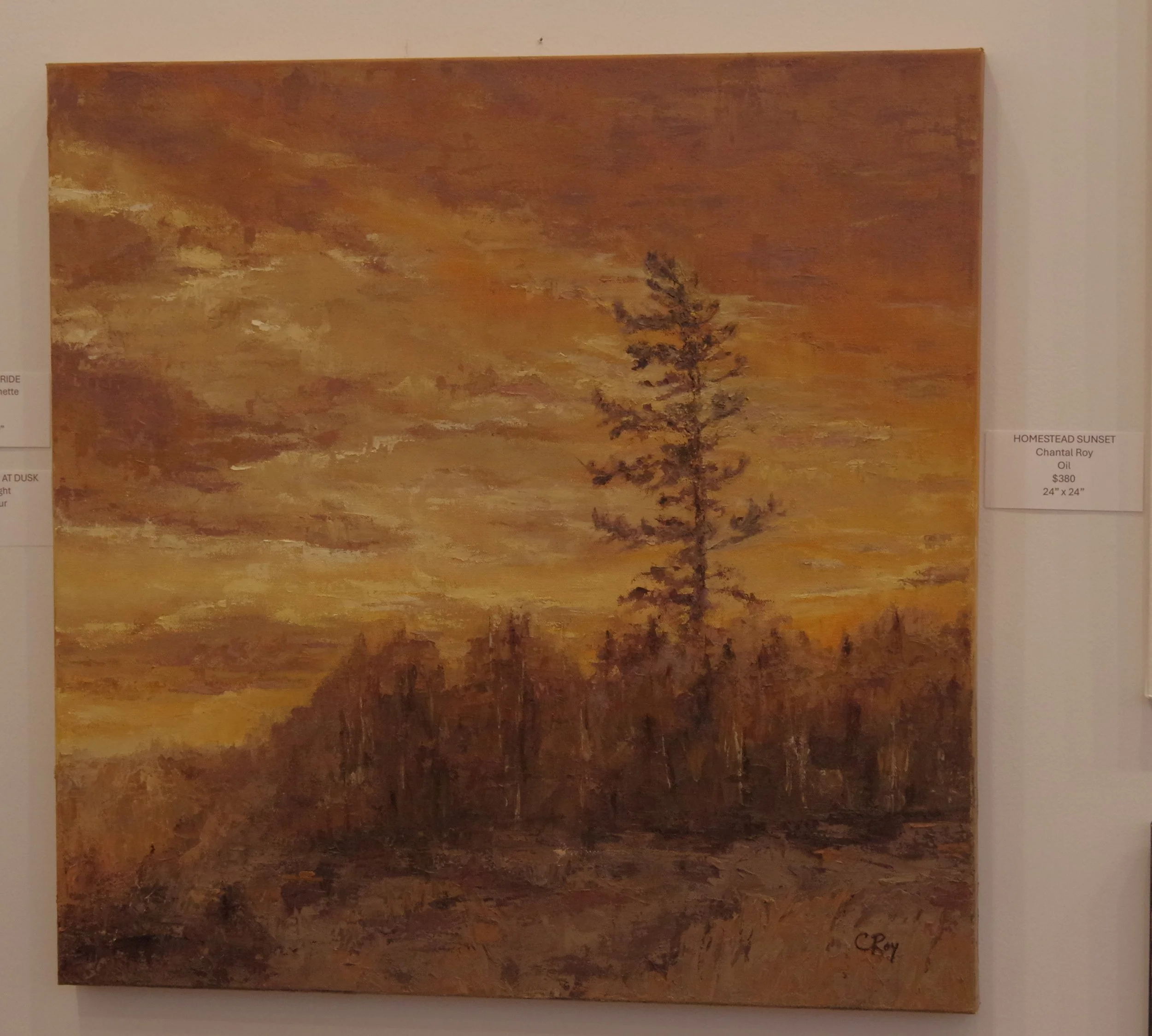 Painting of a sunrise or sunset with a lone tree on a hill, in warm orange and yellow tones.