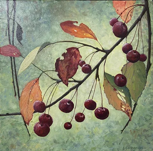A painting of a cherry branch with red cherries and autumn leaves against a green background.