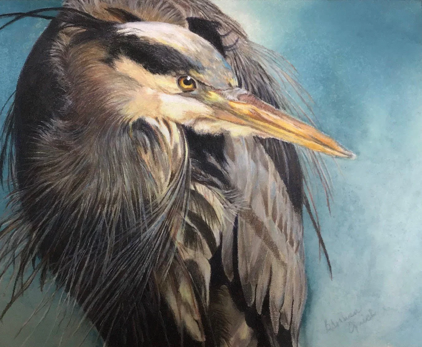 A realistic painting of a heron with a long, pointed orange beak, brown and black feathers, and a yellow eye against a blue background.
