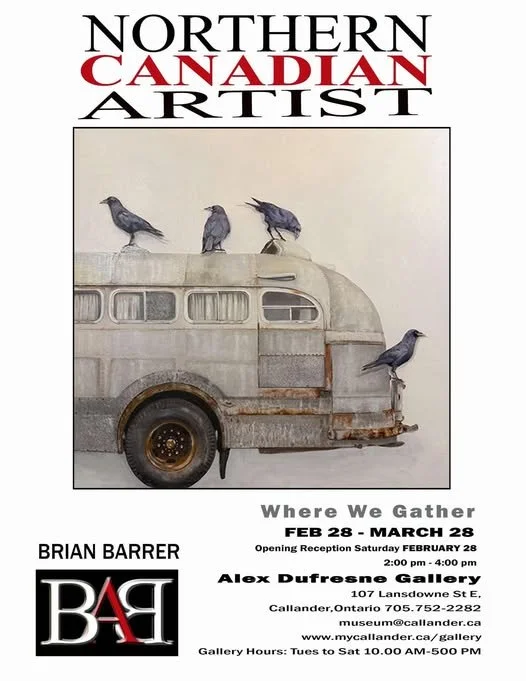 Gallery wall with various framed paintings and artworks, including landscape, floral, and abstract pieces, along with decorative objects displayed on white pedestals.