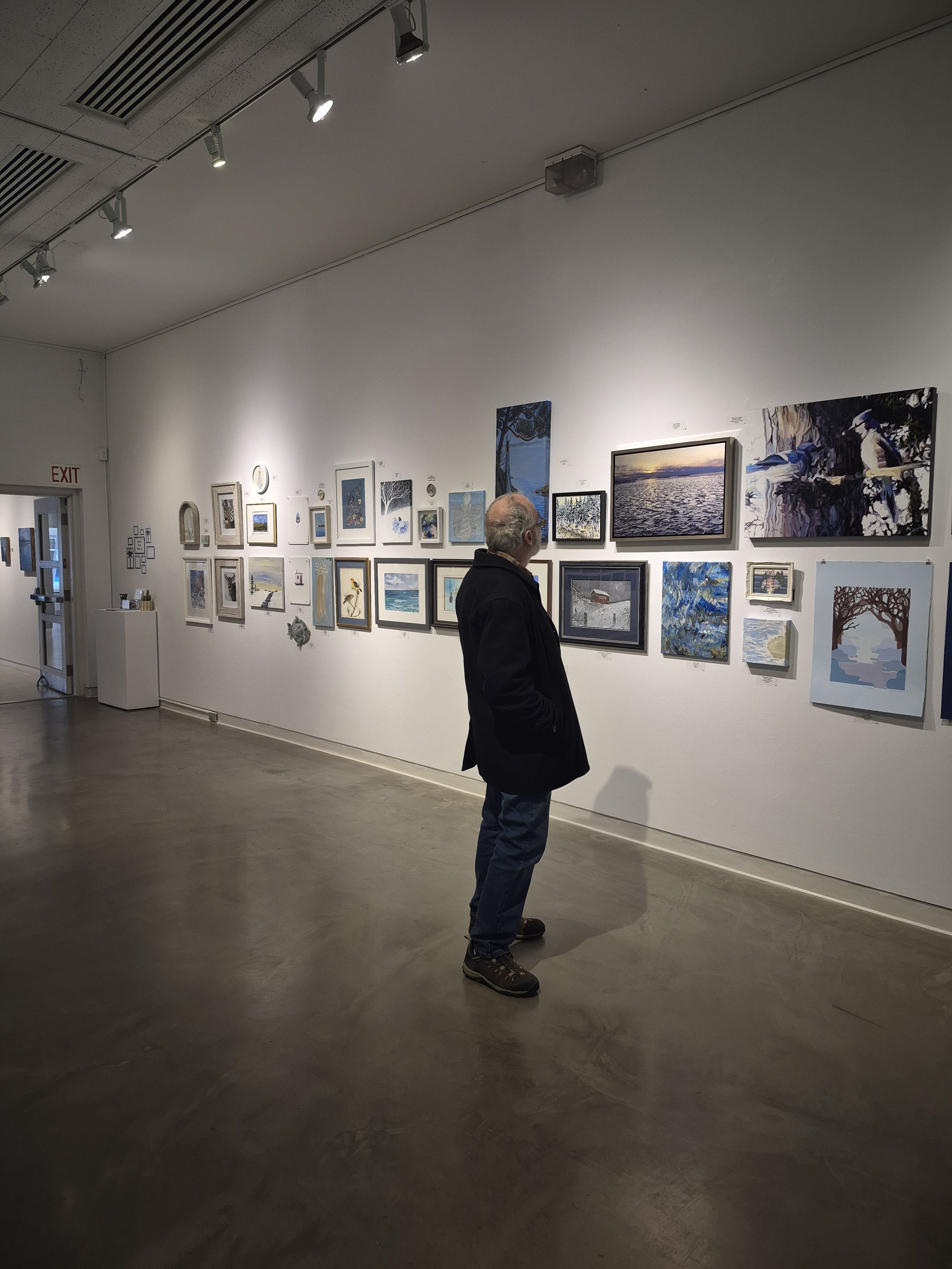 Man in black coat viewing artwork on a white gallery wall with various paintings, with track lighting overhead and a polished concrete floor.