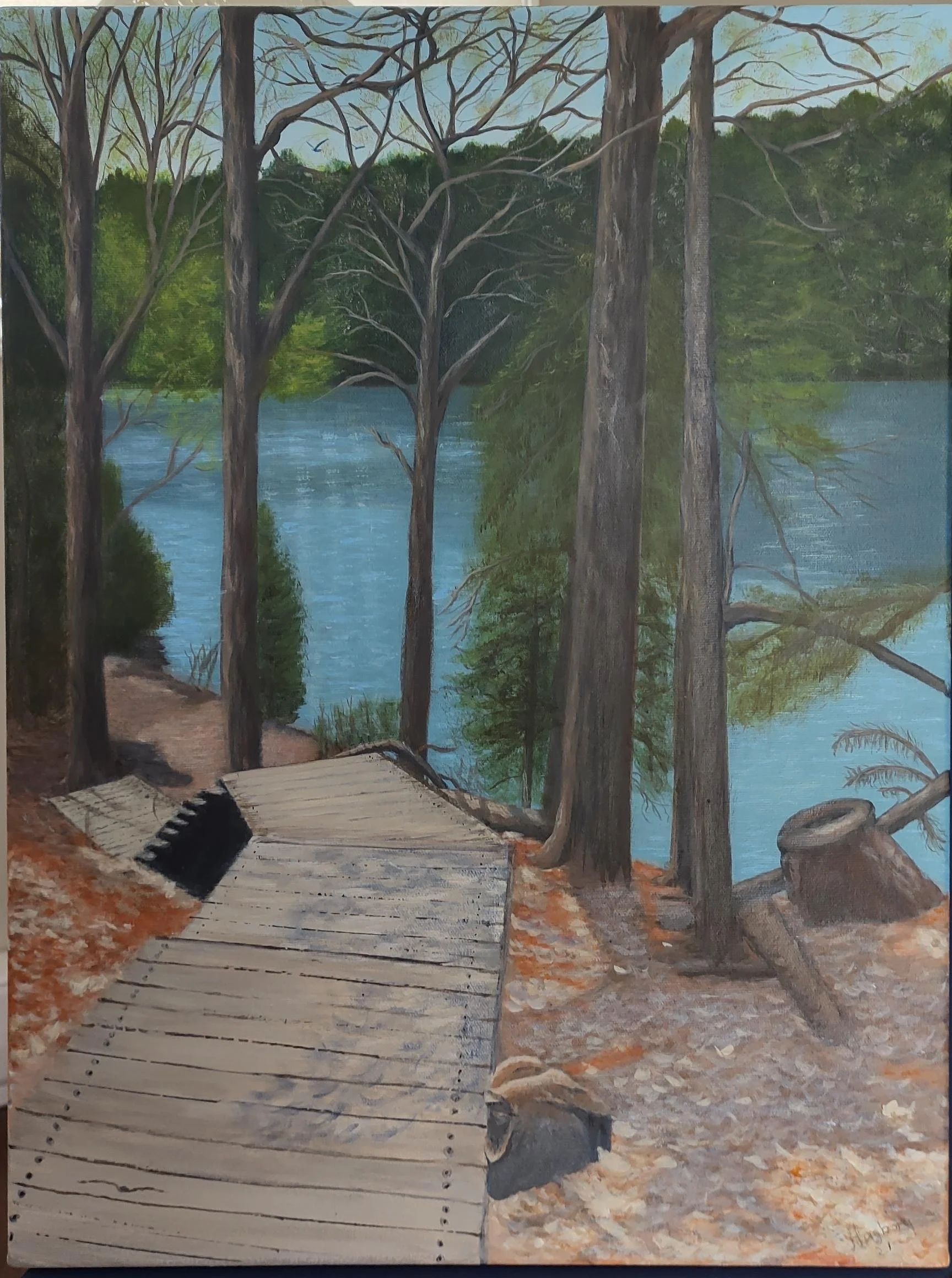 A painted landscape of a wooded area beside a lake with a wooden dock extending over the shoreline, and trees with bare branches and green foliage near the water.