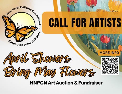 Flyer for an art auction fundraiser calling artists to participate, with spring floral theme, featuring a butterfly logo, QR code, and text encouraging bringing April showers and May flowers.