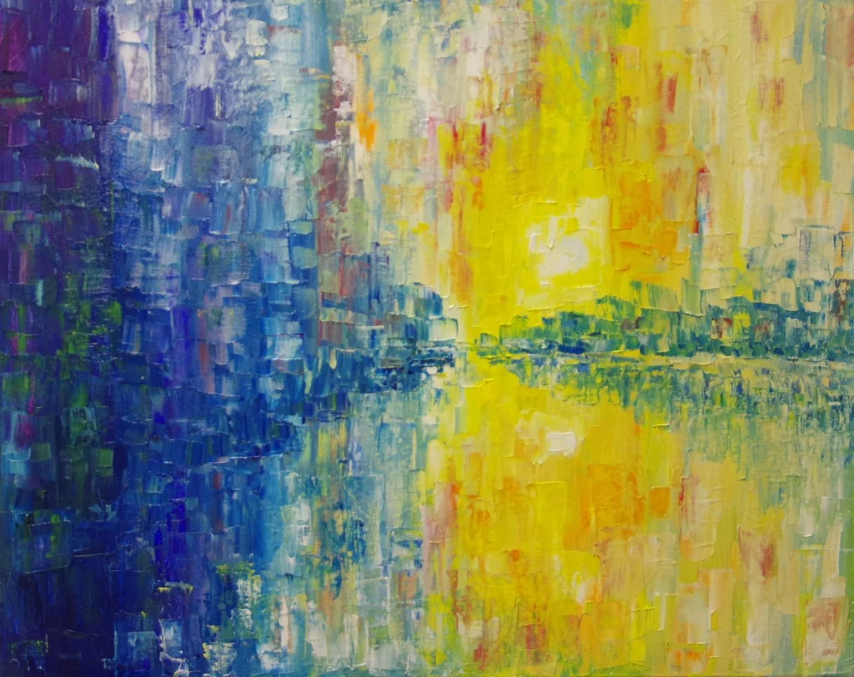Abstract painting with a city reflected in water, blending vibrant blue, yellow, and green brushstrokes.