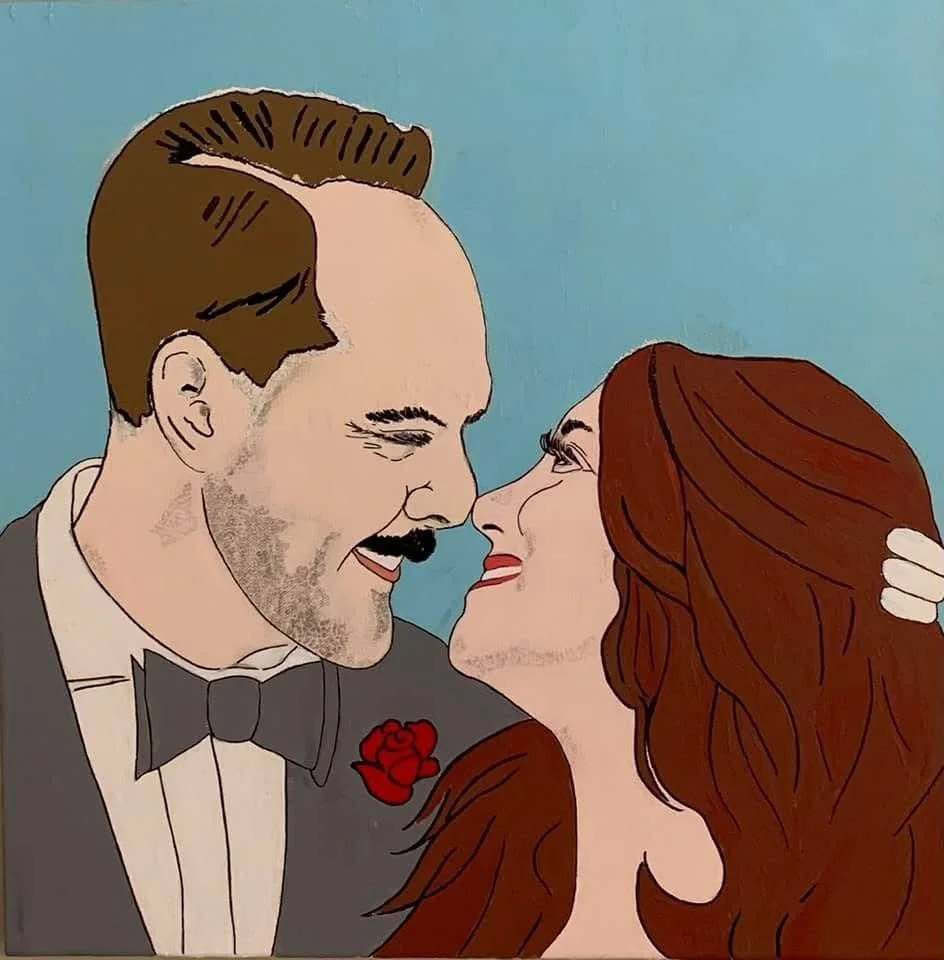 An illustrated couple dressed in formal attire, looking at each other fondly with their faces close together.