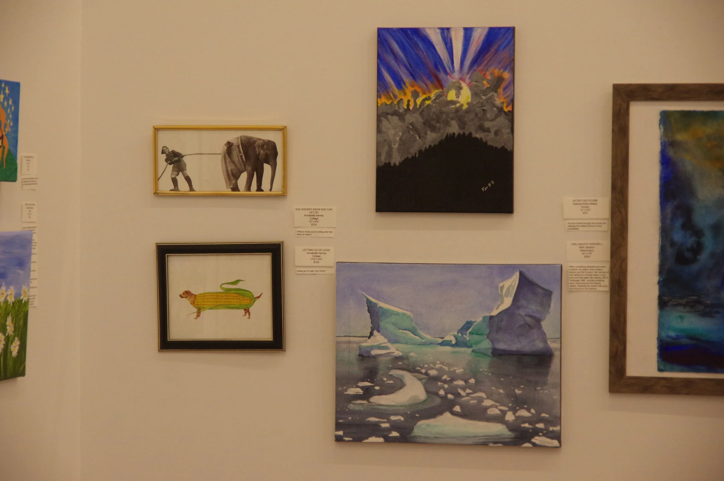 Collection of six framed paintings on a gallery wall, including an elephant being pulled by a girl, a sunset over mountains, iceberg in ocean, a lizard with a cornice pattern, and abstract artworks.
