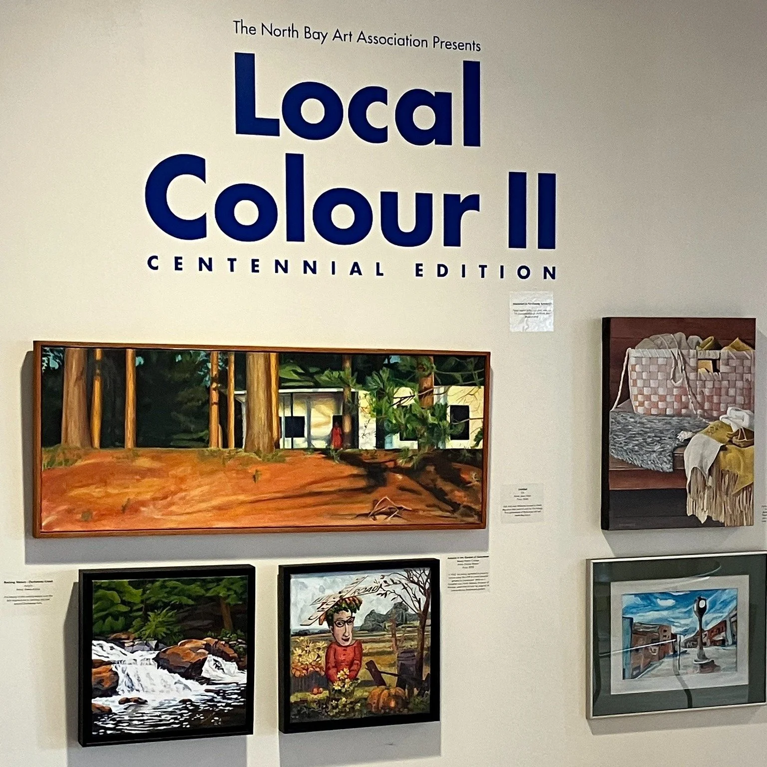 Art exhibit featuring five paintings displayed on a wall, with a large sign above reading 'Local Colour II Centennial Edition' and presented by the North Bay Art Association.