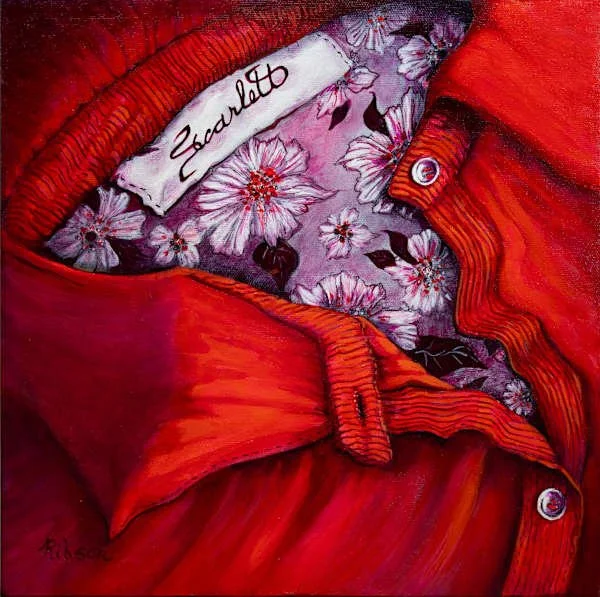 Close-up of a red jacket with a floral patterned lining and a white tag that has handwriting saying 'Escalate'.