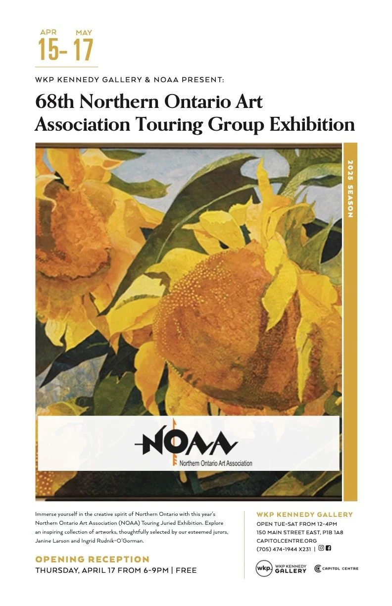 Exhibition poster for the 68th Northern Ontario Art Association Touring Group Exhibition, featuring a painting of yellow flowers with green leaves and a brown center, with event details.