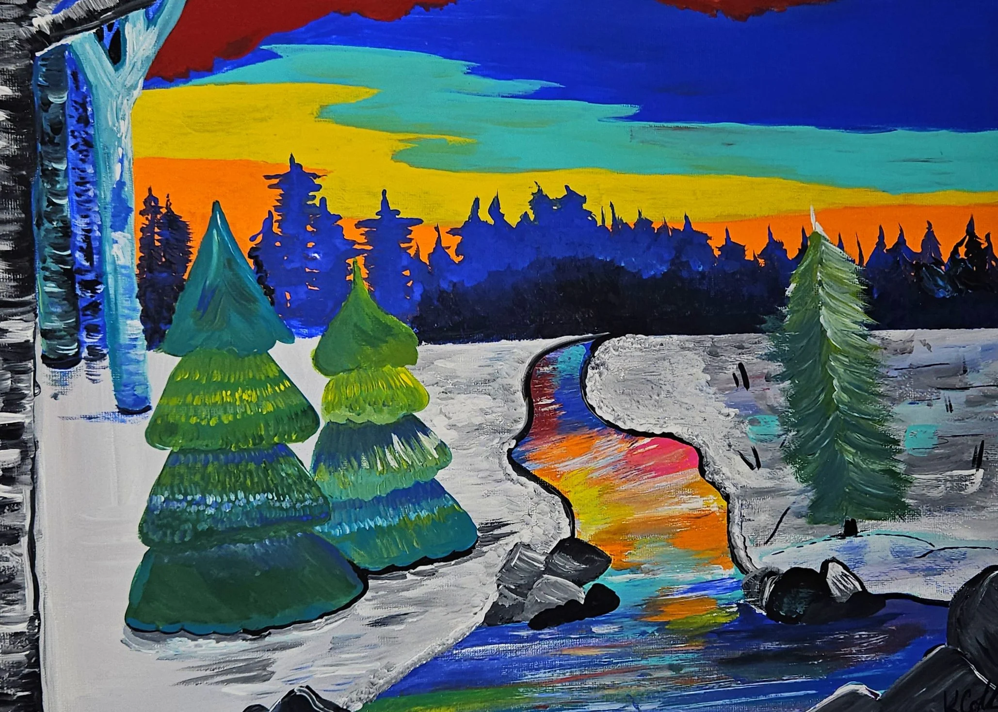 A colorful painting of a winter landscape featuring a snow-covered ground, tall pine trees, and a winding river reflecting the vibrant sunset sky with hues of red, orange, yellow, green, and blue.