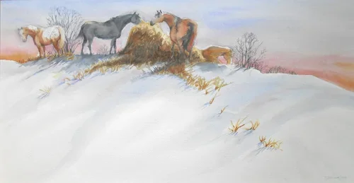 Winter Morning Monetville by Beth Jackson features horses eating from hay on a snowy hill.