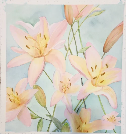 Watercolor painting of light pink lilies with yellow stamens and green stems on a soft pastel blue background.