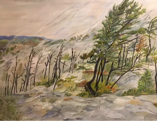 A painting of a rugged outdoor landscape with trees, rocks, and hills in the background.