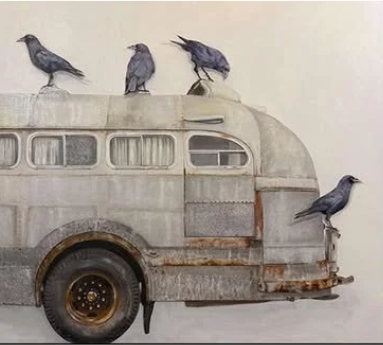 Painting of four birds perched on and near a vintage bus