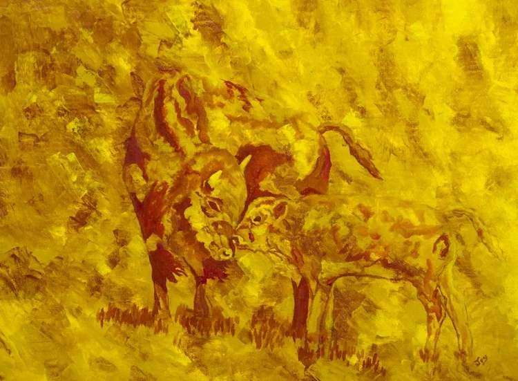 Painting of a lion and a wolf in warm yellow and orange tones.