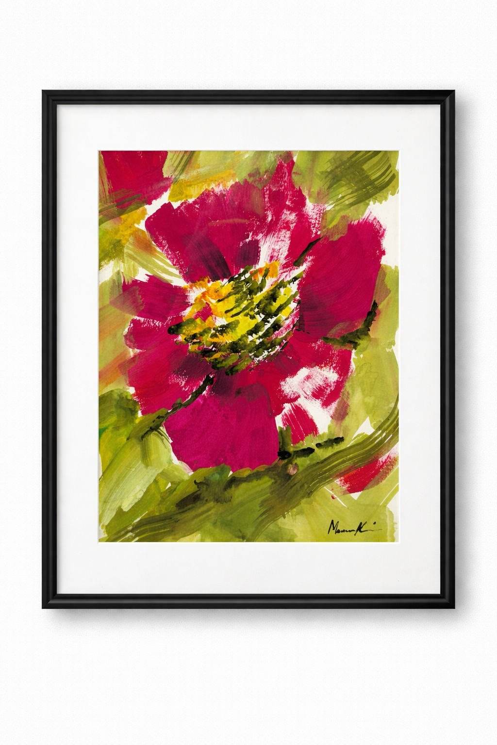 Colorful flower painting with pink petals, green and yellow center, signed 'Mournk' in the bottom right corner, framed and hung on a white wall.